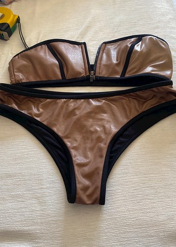 Kahverengi Fermuarlı Mini Biker Bikini