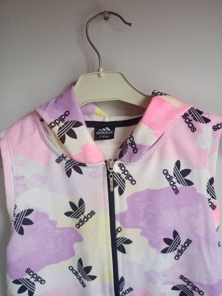 Kız Çocuk Pembe Adidas Desenli Fermuarlı Yelek - Görsel 3