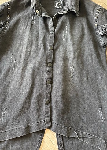 Siyah Düğmeli Uzun Kollu Denim Ceket - Görsel 5