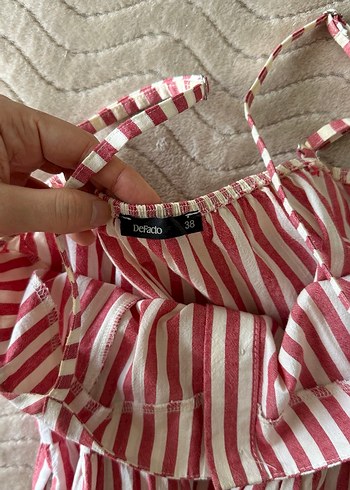 Düğmeli Kırmızı Çizgili Uzun Keten Elbise - Görsel 5