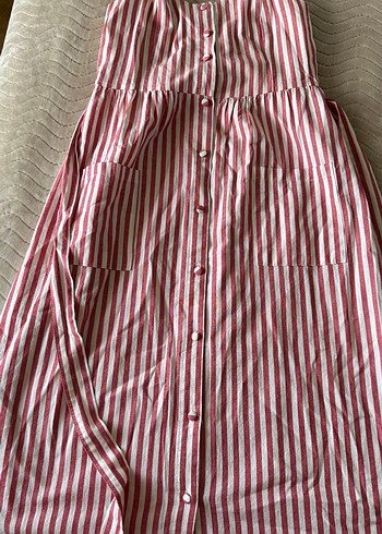 Düğmeli Kırmızı Çizgili Uzun Keten Elbise - Görsel 3