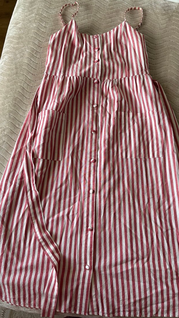 Düğmeli Kırmızı Çizgili Uzun Keten Elbise - Görsel 3