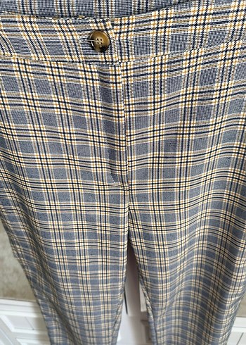 Düğmeli Ekose Desenli Bej Kadın Kumaş Pantolon - Görsel 4