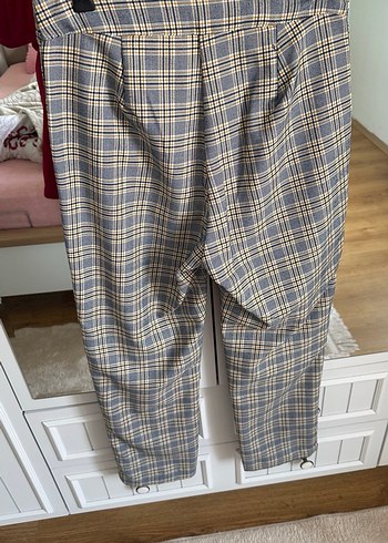 Düğmeli Ekose Desenli Bej Kadın Kumaş Pantolon - Görsel 6