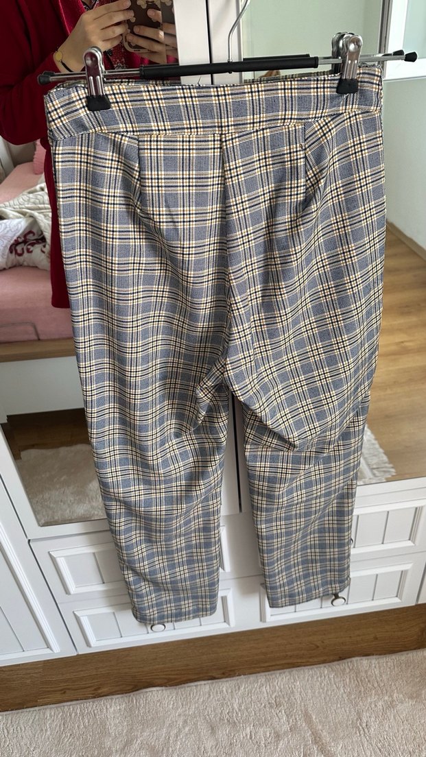 Düğmeli Ekose Desenli Bej Kadın Kumaş Pantolon - Görsel 5