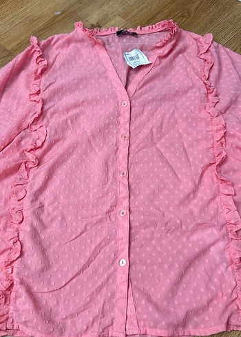 Pembe Fırfırlı V Yaka Kadın Gömlek - Görsel 6