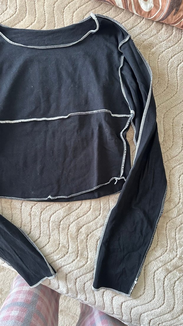 Uzun Kollu Siyah Crop Top - Görsel 4