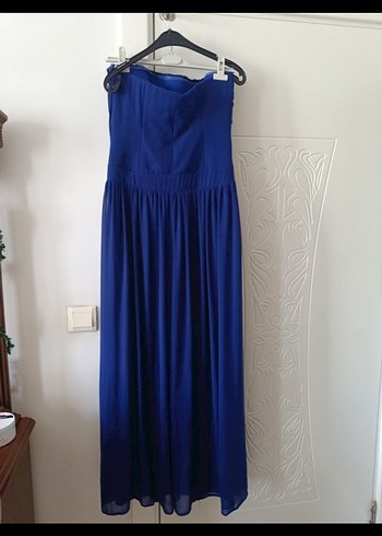 Uzun Lacivert Drapeli Straplez Abiye Elbise - Görsel 4