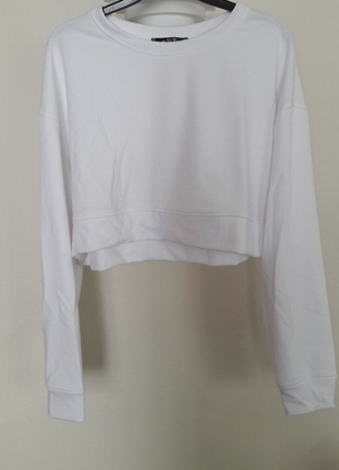 Beyaz pamuklu kısa sweatshirt