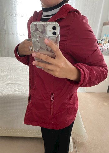 Bordo Kapüşonlu Fermuarlı Kadın Kışlık Ceket