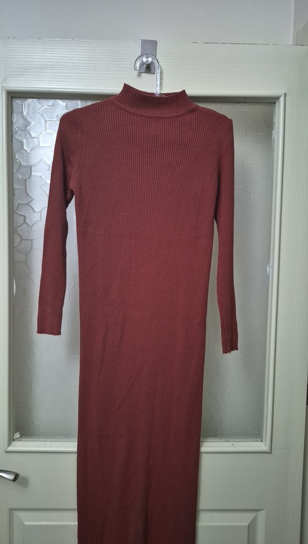 Triko Uzun Kollu Yüksek Yakalı Elbise - Görsel 2