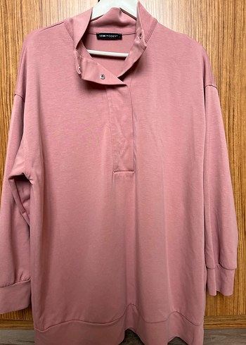 38 Beden Düğmeli Yüksek Yakalı Pembe Sweatshirt