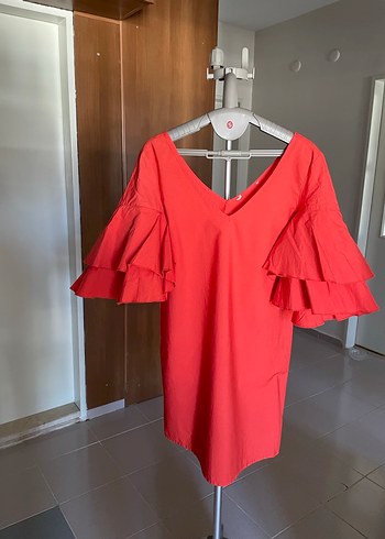 Kırmızı V Yakalı Fırfır kollu turuncu Mini Elbise - Görsel 3