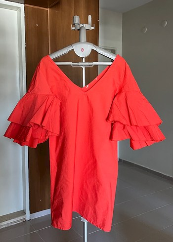 Kırmızı V Yakalı Fırfır kollu turuncu Mini Elbise - Görsel 4