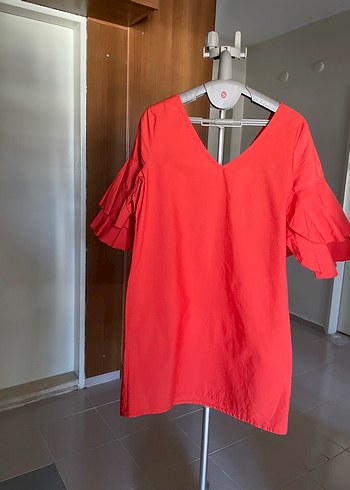 Kırmızı V Yakalı Fırfır kollu turuncu Mini Elbise - Görsel 2