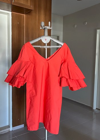 Kırmızı V Yakalı Fırfır kollu turuncu Mini Elbise - Görsel 5