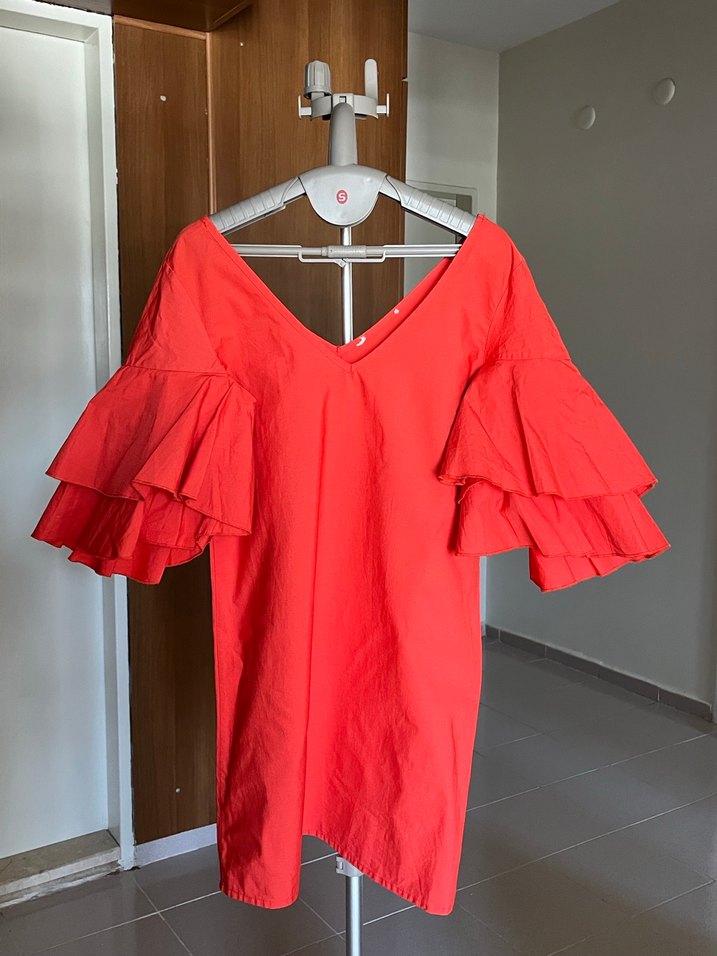 Kırmızı V Yakalı Fırfır kollu turuncu Mini Elbise - Görsel 4