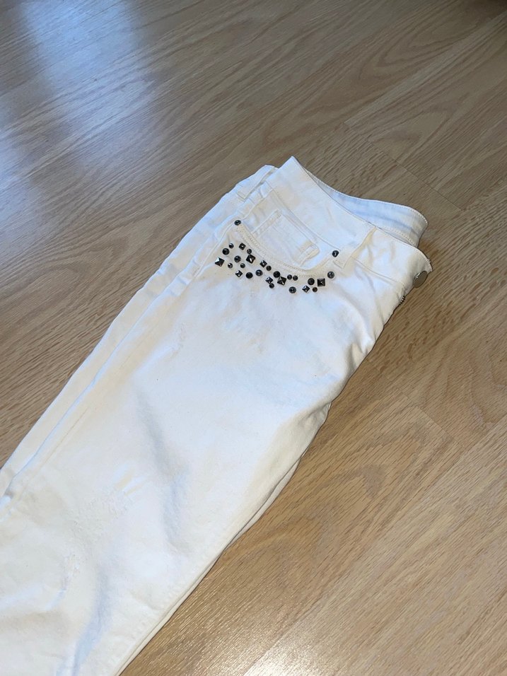 Roman beyaz aplikeli kadın Kot Pantolon - Görsel 3