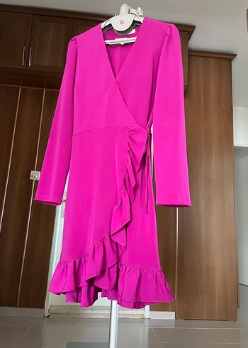 Uzun Kollu Mor-Fuşya Kadın Elbise - Görsel 2