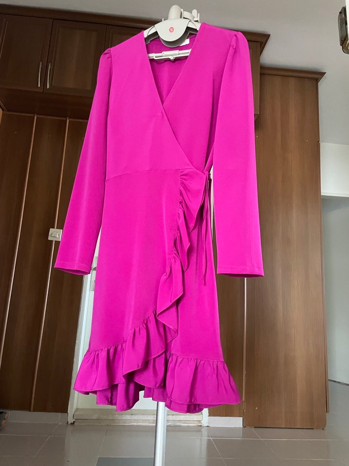 Uzun Kollu Mor-Fuşya Kadın Elbise - Görsel 2