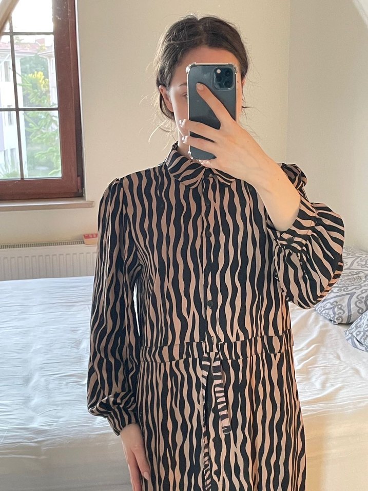 Kahverengi Zebra Desenli Uzun Kadın Elbisesi - Görsel 5