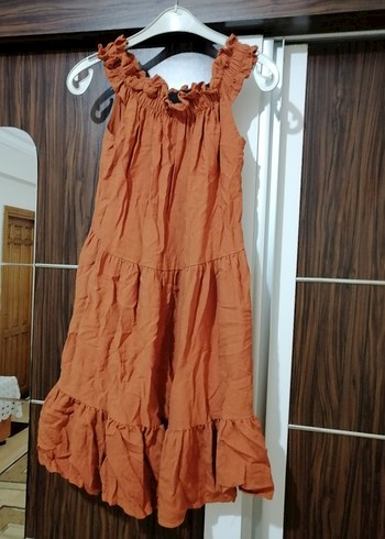 Turuncu kahveye yakın bir ton Keten Mini Fırfırlı Elbise
