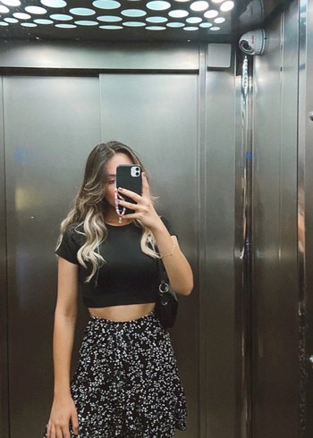 Kısa Siyah Bağlama Desenli Mini Etek
