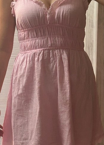 Bershka Pembe Keten Midi Elbise V Yaka Fırfırlı