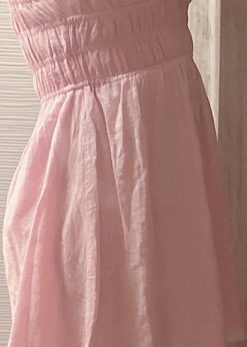 m Beden pembe Renk Bershka Pembe Keten Midi Elbise V Yaka Fırfırlı