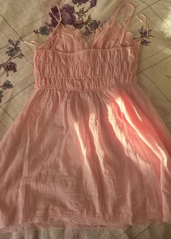 Bershka Bershka Pembe Keten Midi Elbise V Yaka Fırfırlı