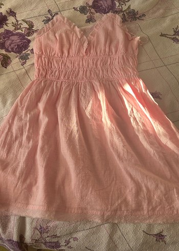 m Beden Bershka Pembe Keten Midi Elbise V Yaka Fırfırlı