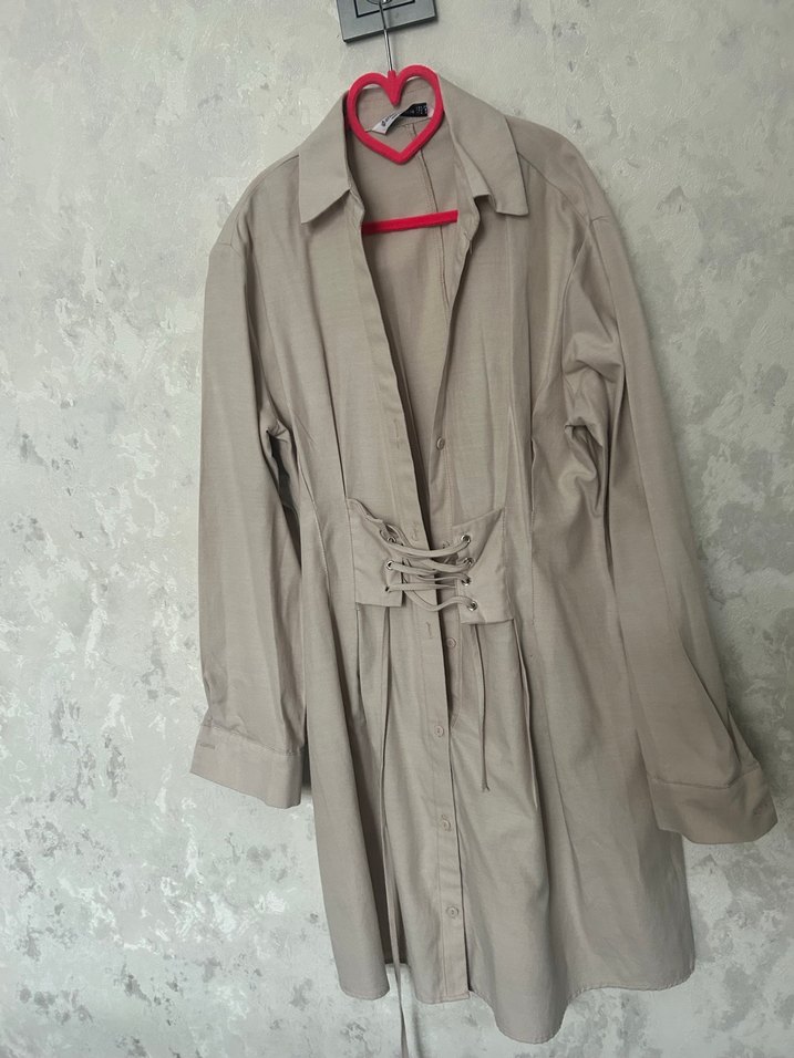 Krem Kemerli Midi Keten Elbise - Görsel 2