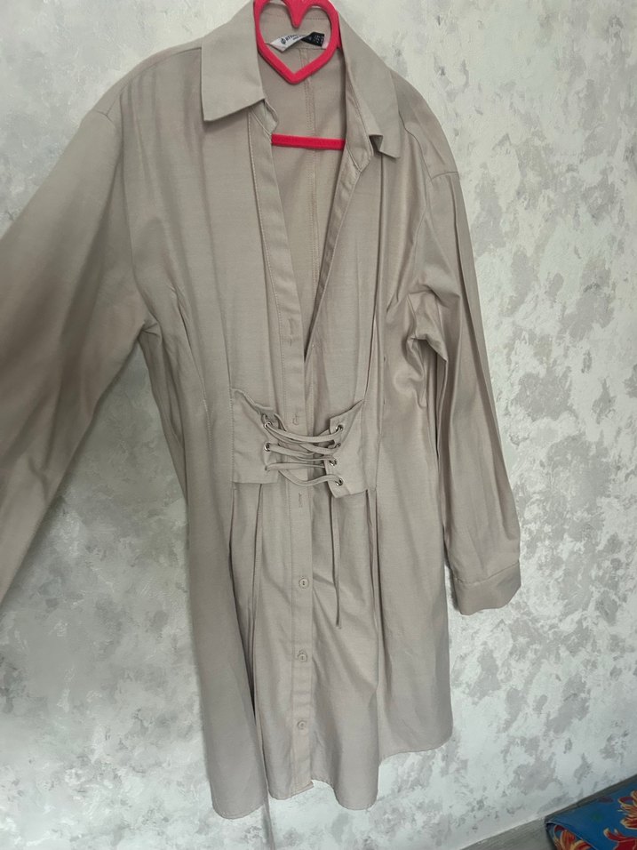 Krem Kemerli Midi Keten Elbise - Görsel 3