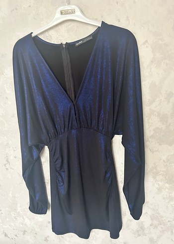 Kadın Mavi Drapeli V Yaka Mini Elbise - Görsel 2