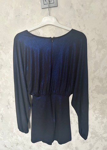 Kadın Mavi Drapeli V Yaka Mini Elbise - Görsel 4