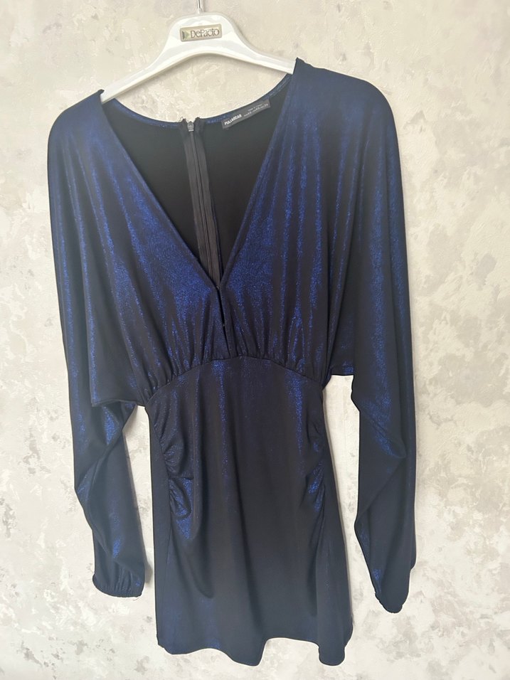 Kadın Mavi Drapeli V Yaka Mini Elbise - Görsel 2