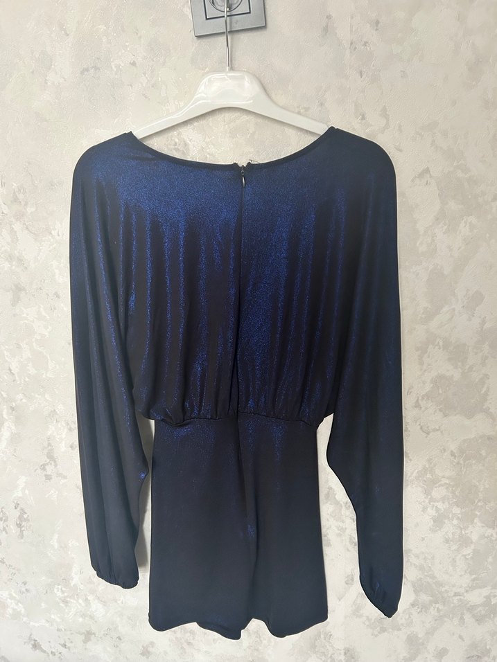 Kadın Mavi Drapeli V Yaka Mini Elbise - Görsel 4