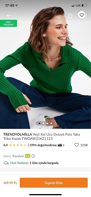 TRENDYOLMİLLA YEŞİL KOL UCU DETAYŞI POLO TRİKO KAZAK