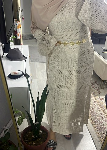 Bohem Tarz Beyaz Uzun Triko Elbise - Görsel 3