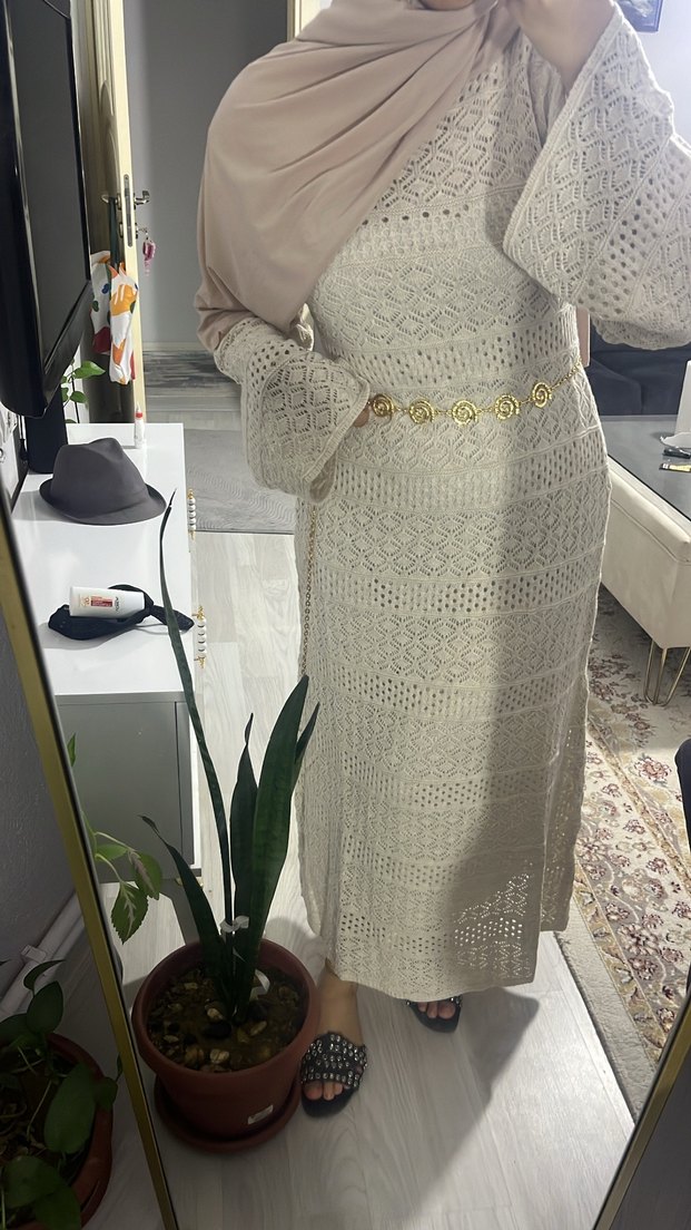 Bohem Tarz Beyaz Uzun Triko Elbise - Görsel 2