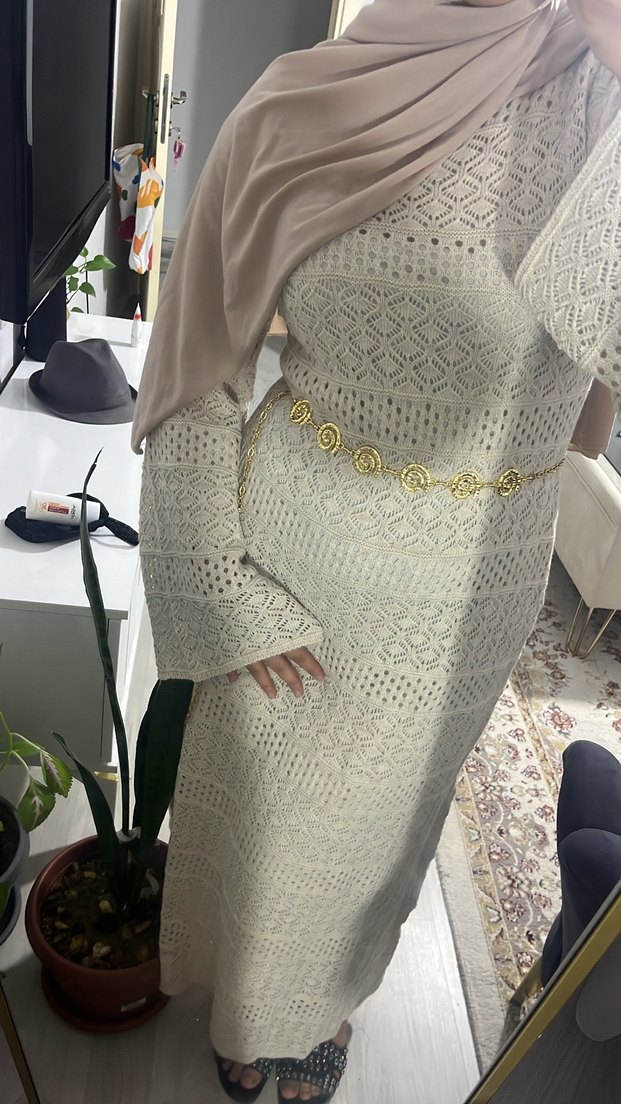 Bohem Tarz Beyaz Uzun Triko Elbise - Görsel 4