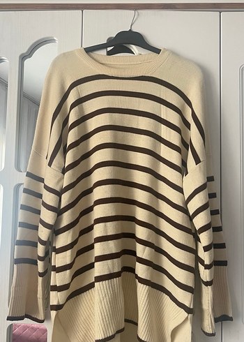 Kahverengi Çizgili Kadın Triko Kazak - Görsel 2