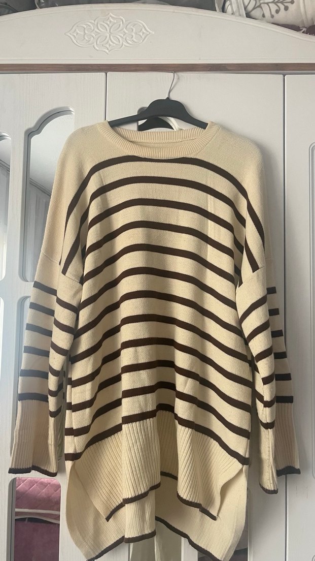 Kahverengi Çizgili Kadın Triko Kazak - Görsel 2