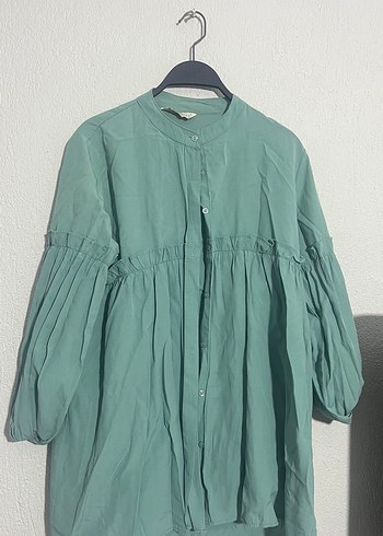 Kadın Yeşil Pliseli Uzun Gömlek - Görsel 2