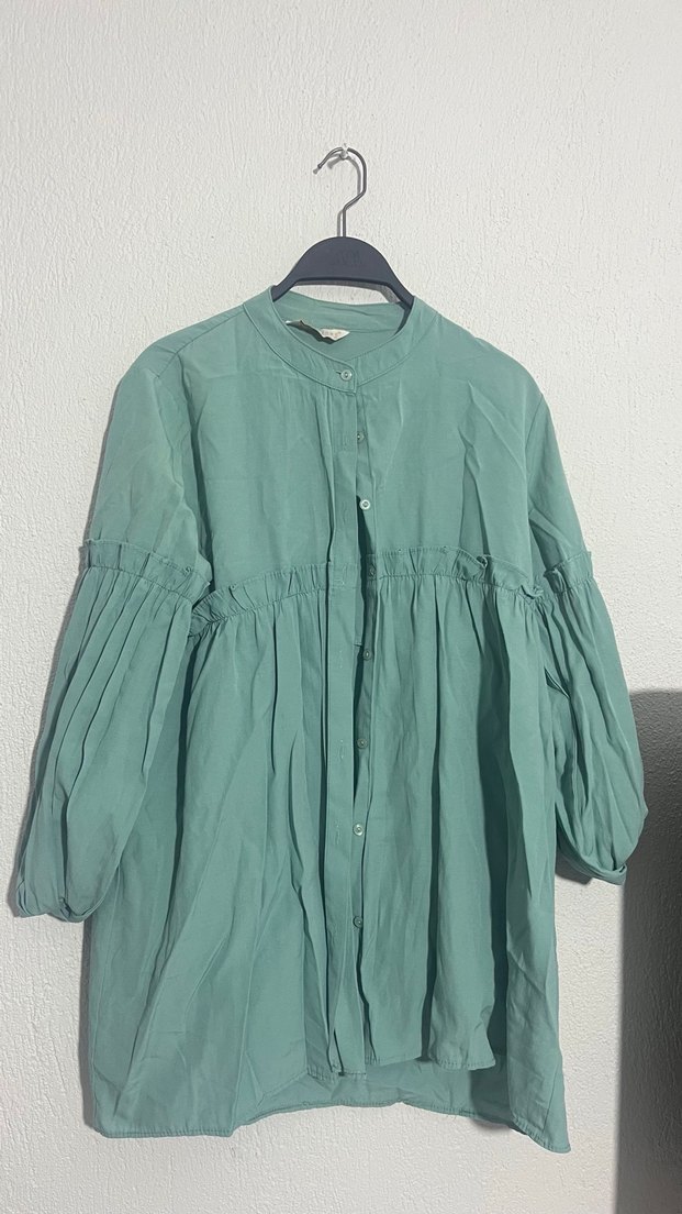 Kadın Yeşil Pliseli Uzun  Gömlek - Görsel 2