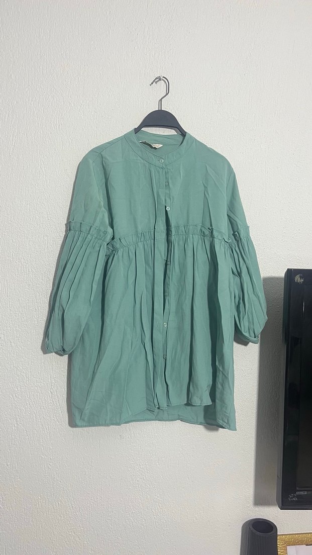 Kadın Yeşil Pliseli Uzun  Gömlek - Görsel 4