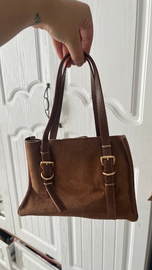 Kahverengi Süet Tokalı Kadın Çanta - Görsel 2