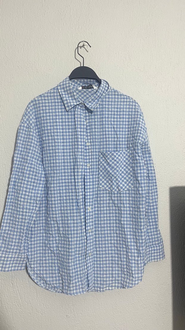 Mavi Ekose Desenli Uzun Kollu Keten Gömlek - Görsel 2