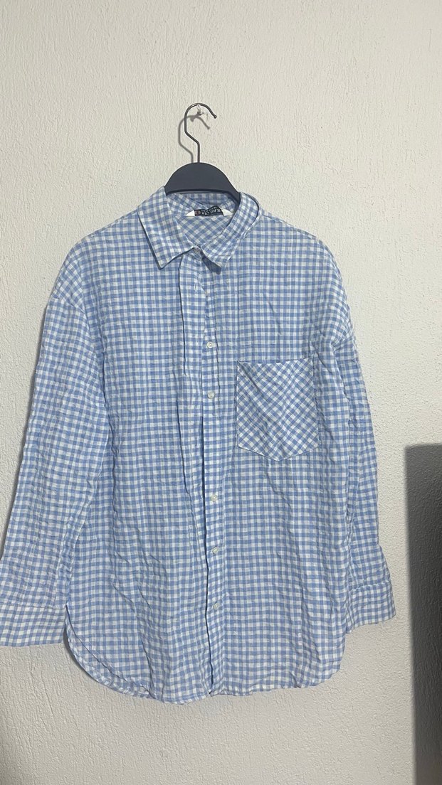 Mavi Ekose Desenli Uzun Kollu Keten Gömlek - Görsel 3