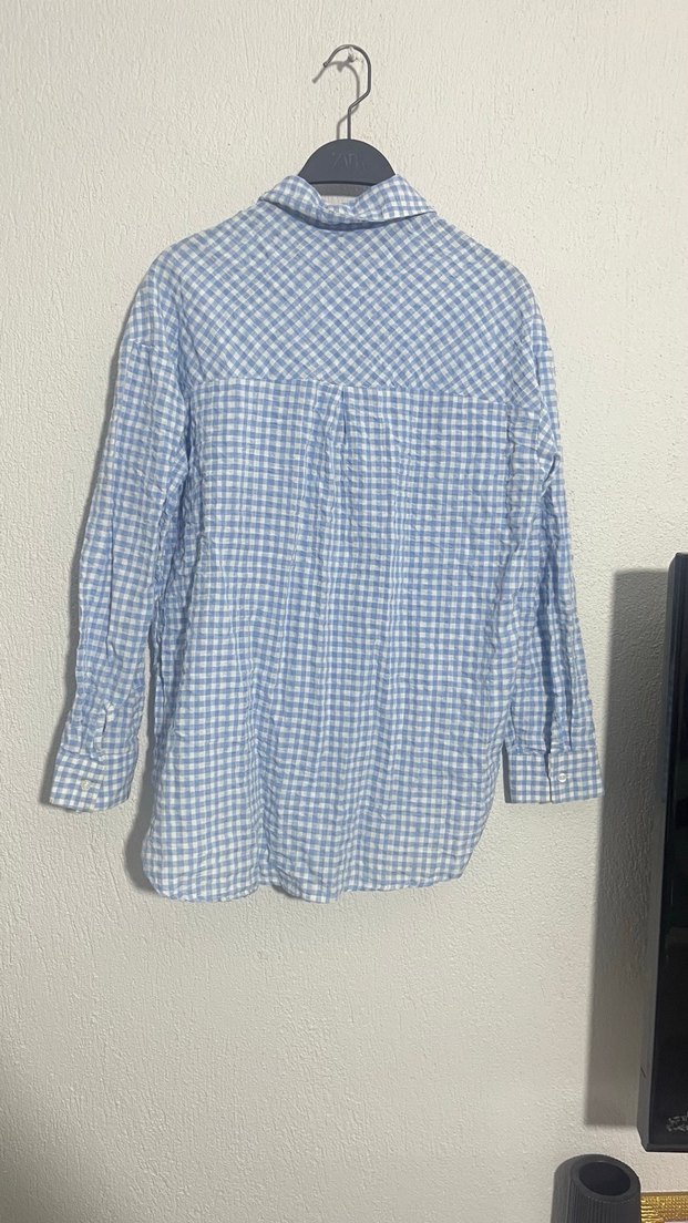 Mavi Ekose Desenli Uzun Kollu Keten Gömlek - Görsel 4